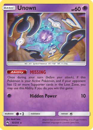 Unown (92) 092/214 - Reverse Holofoil SM Lost Thunder - Rare