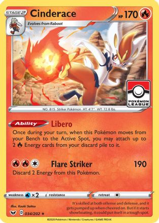 Cinderace 034/202 - Reverse Holofoil League & Championship Cards - Promo