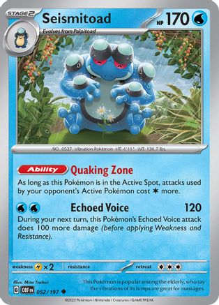Seismitoad 052/197 - Reverse Holofoil SV03 Obsidian Flames - Uncommon