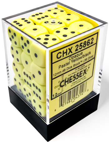 Opaque Pastel Yellow/black 12mm d6 Dice Block (36 dice)