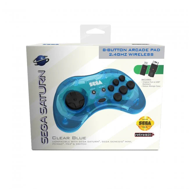 Retro-Bit SEGA Saturn 8-Button 2.4GHz Wireless Controller Clear Blue - Sega Saturn