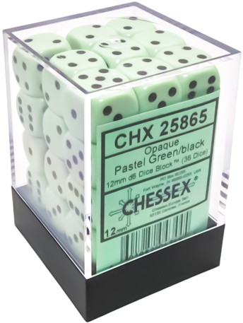 Opaque Pastel Green/black 12mm d6 Dice Block (36 dice)