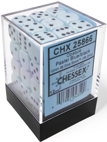 Opaque Pastel Blue/black 12mm d6 Dice Block (36 dice)