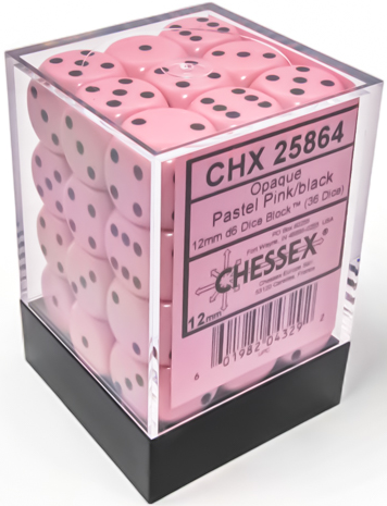 Opaque Pastel Pink/black 12mm d6 Dice Block (36 dice)
